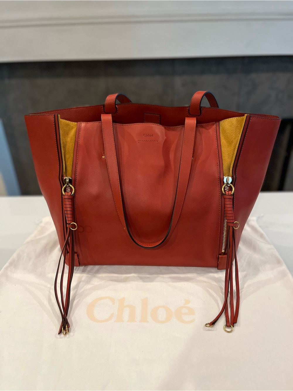 Chloé Milo Medium Leather Tote Bag Burnt Orange Rust with Mustard Yellow Accents